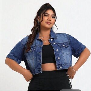 Plus Size Women's Short Cut Denim Jacket With Single Breasted Closure
